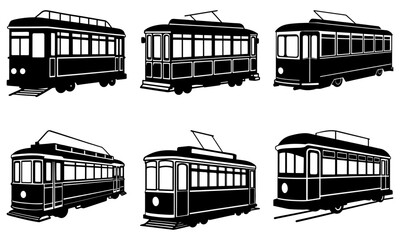 Vintage trolley illustrations, classic streetcar collection, antique public transport, historical vehicle set, urban transit design elements, scalable vector