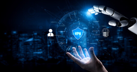 Fototapeta premium AI improves VPN by monitoring traffic, detecting risks, encrypting sessions, and optimizing routing to ensure private, secure, and efficient network access. Vouch