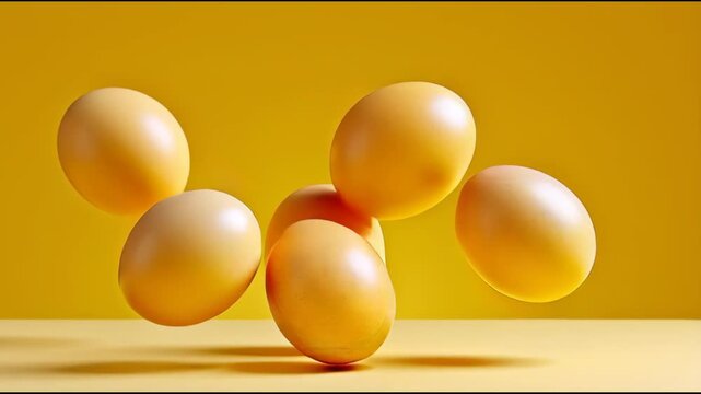 Floating yellow eggs in mid-air against a vibrant yellow background, showcasing a dynamic motion sequence with gradual camera zoom in, emphasizing texture and color vibrancy throughout the scene
