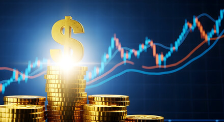 Golden dollar sign on stack of coins with financial chart background representing investment growth