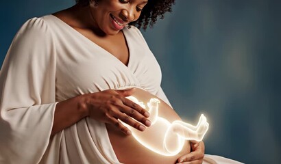 Happy African American Pregnant Woman Stroking Belly, 3D Graphics Developed Fetus of a Child in Mother's Womb, Pregnancy Concept Expecting a Baby - Powered by Adobe