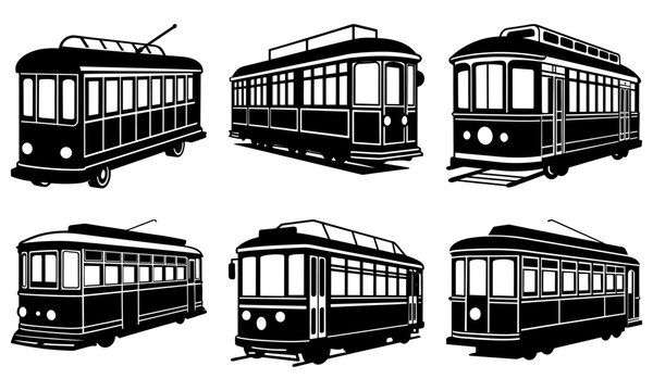 Vintage trolley car collection: Classic transportation for historical designs. Nostalgic streetcars evoke travel and heritage, ideal for urban themes