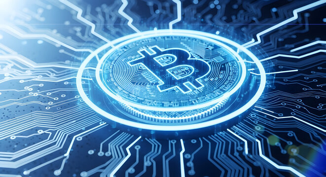 Close up of a bitcoin coin on a circuit board, representing digital currency and blockchain technology