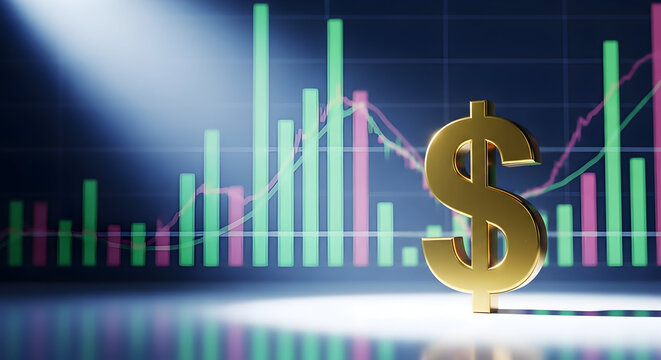 Dollar sign in front of a stock market chart with green and red bars indicating price changes