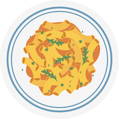 A Generative Digital Art Illustration of a Plate of Macaroni Pasta with Green Herbs in a Circular Bowl with Blue Rim on a White Background, Top Down View