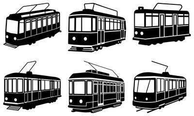 Vintage trolley collection, retro trams for classic transportation vibes and city travel designs, old fashioned streetcar icons with nostalgic charm, vector