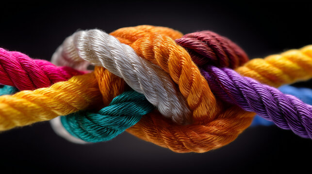 Close-up of colorful intertwined ropes forming a strong knot symbolizing strength, teamwork, and connection - Powered by Adobe