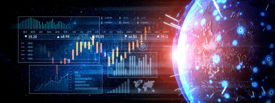 A captivating digital scene showcasing stock market graphs and financial data analytics, highlighting the intersection of technology and global economic growth. Scalp