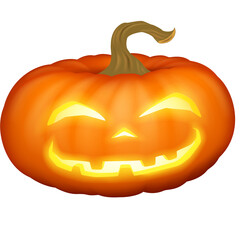 A Glowing Orange Jack O Lantern Pumpkin With A Carved Smiling Face And A Curled Stem On A Transparent Background