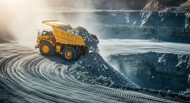 Large yellow dump truck unloading ore at a mine site on a sunny day with dust and haze - Powered by Adobe