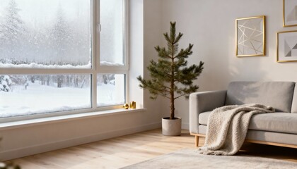 serene home interior with natural light and evergreen