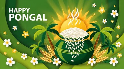 Animation 4k Happy Pongal Festival Greeting Card Illustration Featuring Harvest Pot and Sun