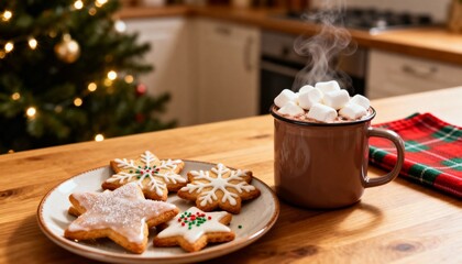 warm cocoa and gingerbread on rustic wooden table