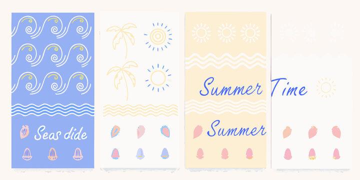 Collection of charming hand drawn summer illustrations with beach and sea elements and text overlays