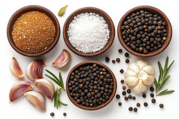 A vibrant flat lay of spices in wooden bowls, featuring brown sugar, sea salt, black pepper, and garlic cloves, with rosemary sprigs.