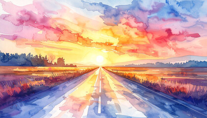 夕焼け空とまっすぐ続く道路の水彩イラスト	
