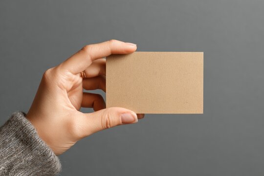 A hand holds a blank kraft business card