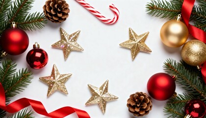 holiday decorations flat lay with red gold accents