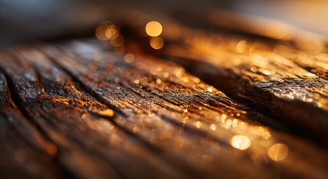 Close-up of weathered, dark brown wood planks, highlighted by golden light and water droplets