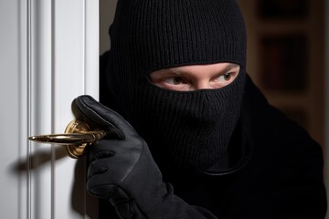 close-up of a thief wearing a black balaclava mask and gloves, breaking into a home. the white door has a brass handle, and the thief is holding lockpicks. 