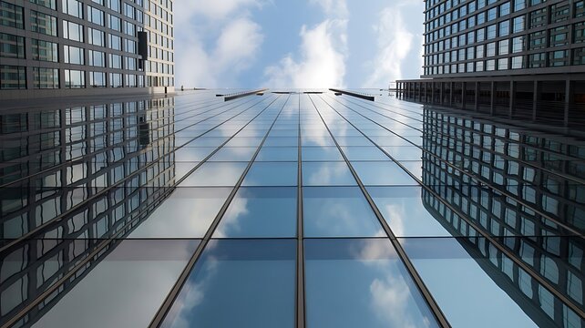 Looking up at modern glass buildings reflecting the sky and clouds architecture