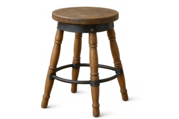 Wooden bar stool with metal footrest on transparent background, showing rustic vintage design and furniture style