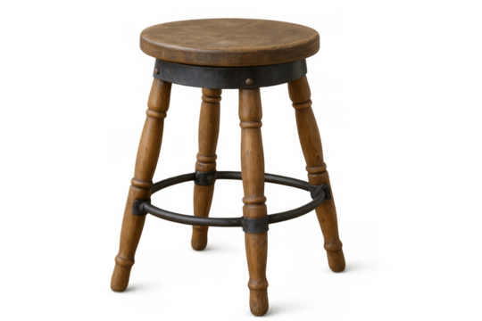 Wooden bar stool with metal footrest on transparent background, showing rustic vintage design and furniture style