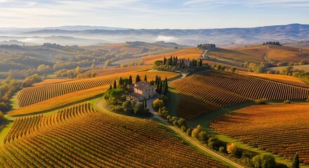 Tuscan Vineyard Landscape - Aerial View of Rolling Hills and Cypress Trees.