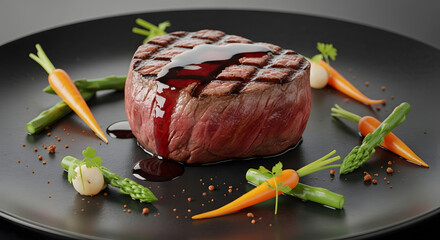 A medium-rare filet mignon on a dark matte plate, drizzled with glossy red wine reduction. 