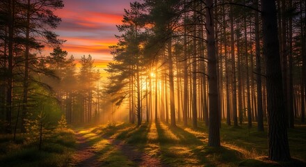 Golden Hour in the Forest - Sunlight Through the Trees.