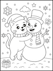 Cute Cat Hugging Snowman. Merry Christmas Winter Coloring Page for Kids. Holiday Coloring Sheet for Children