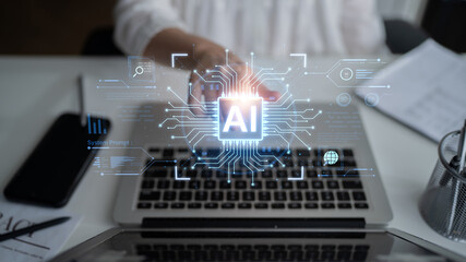 A futuristic AI core processor and system analytics dashboard. This concept highlights the raw processing power of AI for deep data analysis, system diagnostics, and global network monitoring. Fermion