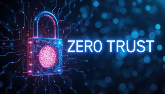Futuristic padlock illustrating Zero Trust Architecture (ZTA) principle: Never Trust, Always Verify. Digital fingerprint security, identity access control, and cyber protection.