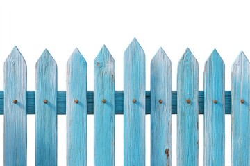 Fototapeta premium A weathered, light-blue wooden fence. Horizontal, detailed view of the fence's top section. Aged planks with pointed tops, and visible metal fasteners