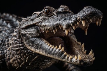 Fototapeta premium Fierce crocodile close-up with wide open jaws, revealing sharp teeth.