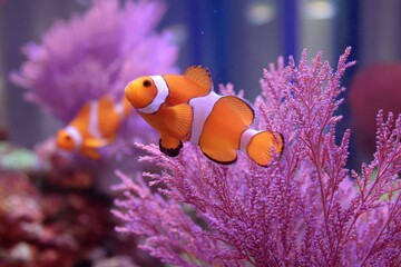 A vibrant orange clownfish elegantly swimming among striking purple coral.