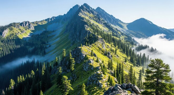 Scenic mountain range with green trees and fog in the valley on a sunny day