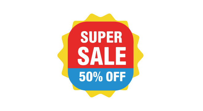 Vector illustration of a Super Sale 50 percent off promotional badge. Colorful advertising sticker for retail discount and marketing events