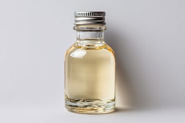 Small, clear glass bottle with light amber liquid and a silver cap