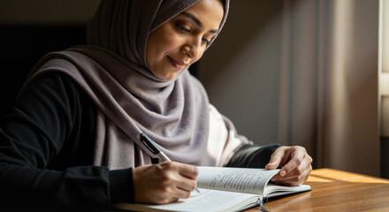 Young Muslim woman writing in notebook while sitting by window