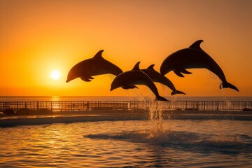 Fototapeta premium Silhouetted dolphins leaping against a vibrant golden sunset sky, creating splashes.