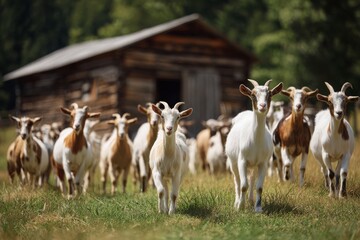 A curious herd of domestic goats standing in a sunny field with a rustic barn backdrop.