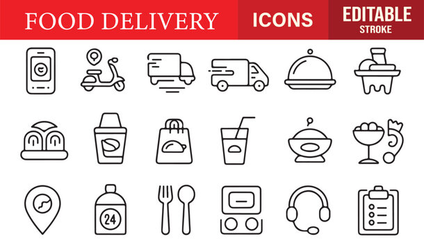 Minimalist editable stroke icon set of online food ordering and delivery service elements for vector graphics.