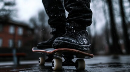 Wheels of Freedom: An individual stands confidently on a skateboard, ready to roll on a concrete surface, captured in an artistic shot, evoking motion, independence, and urban culture.