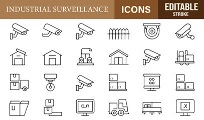 Fototapeta premium Editable stroke icons representing CCTV systems, warehouses, and monitoring screens for industrial security design.