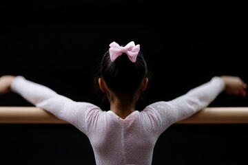 Graceful Dancer at the Barre: A young ballet student, viewed from behind, poised at the barre. She embraces her form and the discipline of dance. Her form radiates dedication, in the ballet studio.