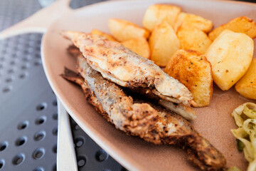 Fried Whitefish with Baked Potatoes. Fish from Kashubian Lakes. Regional Dishes. Poland