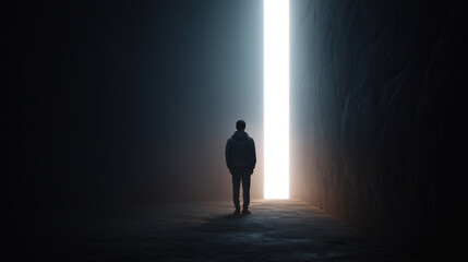 Fototapeta premium Person Standing in Dark Ambiance Facing a Light Source Entrance