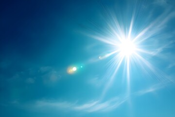 Close Up Of Bright Sun With Lens Flare Effect Against Blue Sky Summer Light