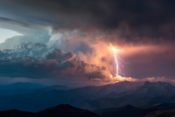 Lightning Bolt Striking Through Layered Storm Clouds Above Mountains Dramatic Weather Power Photography
